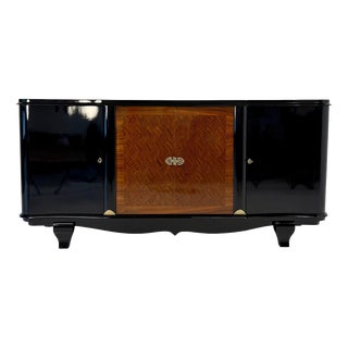 French Art Deco Black Lacquered and Inlaid Walnut Sideboard in the style of Jules Leleu, 1940s For Sale