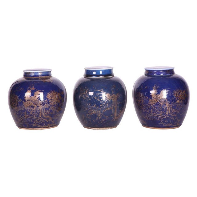 Blue Late-18th Century Chinese Blue-Glazed & Gilt Porcelain Ginger Jars, Set of 3 For Sale - Image 8 of 8