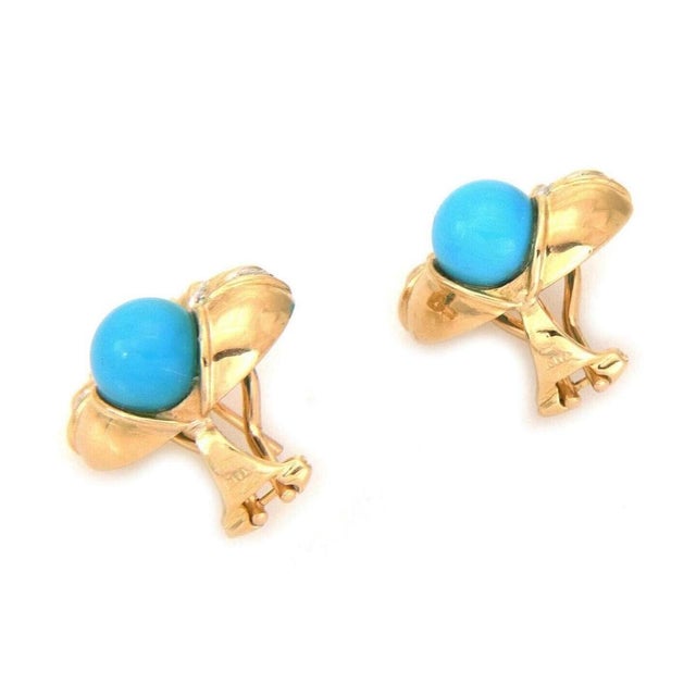 Mid 20th Century Mid 20th Century Pair of Antonini Diamond Turquoise 18k Yellow Gold Heart Post Clip Huggie Earrings For Sale - Image 5 of 7