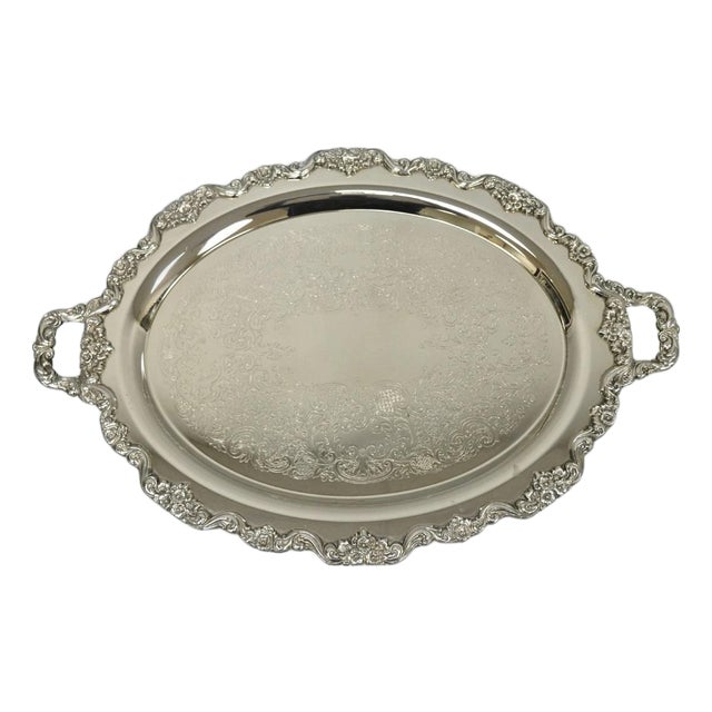 Vintage Extra Large Oval Silver Plated Serving Platter Bar Tray W/ Smoked Finish For Sale
