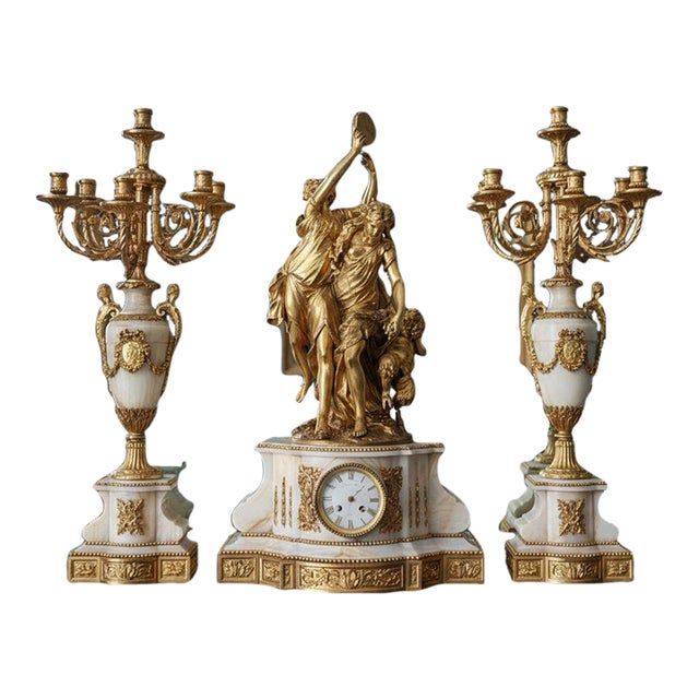 19th Century French Raingo Frères Gilt Bronze & Onyx Clock Garniture - 3 Pieces For Sale