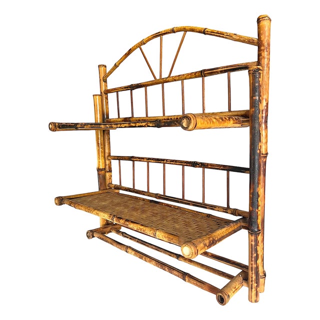 Vintage Burnt Bamboo Wall Shelf With Towel Rack in the French Colonial Style For Sale