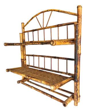 Vintage Burnt Bamboo Wall Shelf With Towel Rack in the French Colonial Style