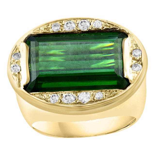 GIA Certified 11.72 Ct Green Tourmaline & Diamond Cocktail Ring 14K Yellow Gold For Sale