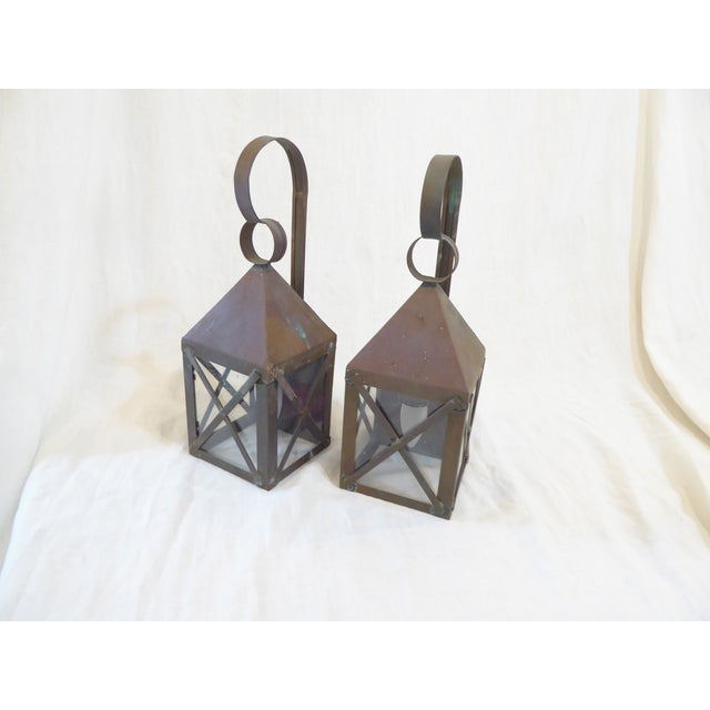 Vintage Copper Lantern Sconces - Pair For Sale - Image 4 of 4
