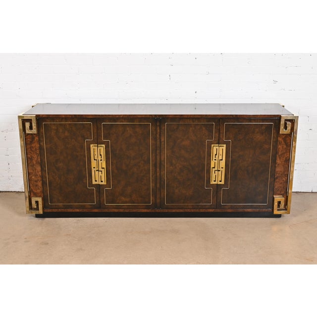 Mid-Century Modern William Doezema for Mastercraft Mid-Century Modern Burl Wood and Brass Greek Key Sideboard Credenza, 1970s For Sale - Image 3 of 12