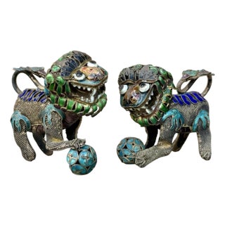 Antique Chinese Enamel Foo Dogs - Gilt Copper Filigree Temple Guardian Lions - Pair For Sale