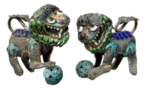 Antique Chinese Enamel Foo Dogs - Gilt Copper Filigree Temple Guardian Lions - Pair