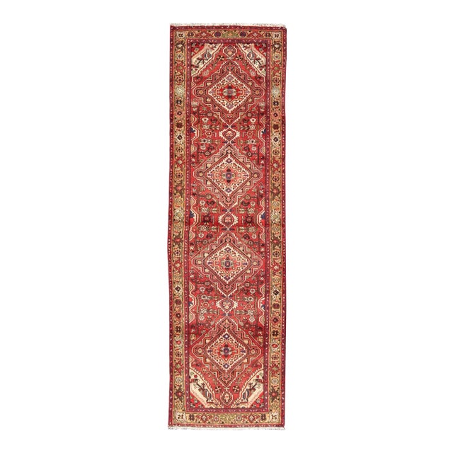 Antique Persian Malayer Runner With Medallion Design in Red & Khaki For Sale