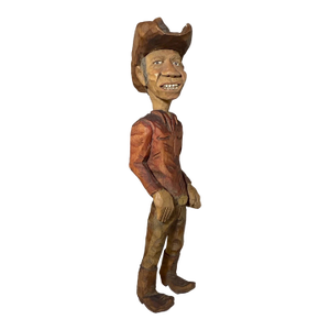 1980s Exquisite Signed Hand Carved Wood Folk Art Man Cowboy Sculpture Statue Figure