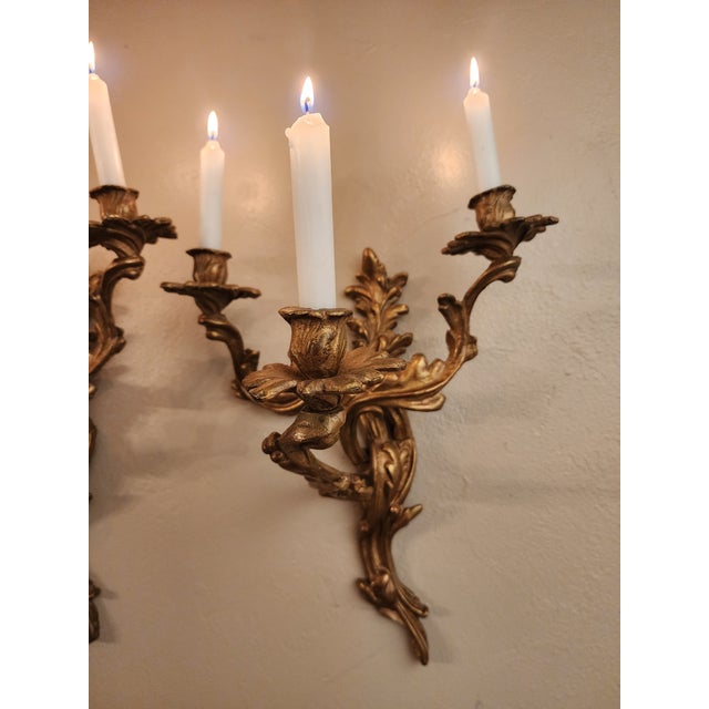 Antique Art Nouveau Pair Heavy Cast Gilt Brass 3 Light Wall Sconces With Aged Patina For Sale - Image 9 of 16