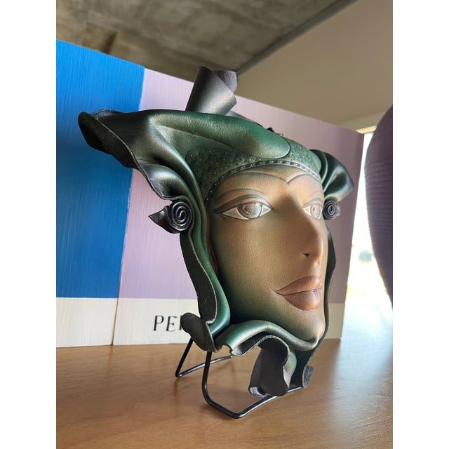 Vintage Doug Gibson Signed Hand Formed Painted Leather Face Sculpture Postmodern Wall Mask For Sale In Las Vegas - Image 6 of 11