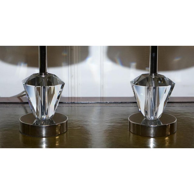 Metal Diamond Glass on Stainless Steel Base Table Lamps with Baby Blue Shades, Set of 2 For Sale - Image 7 of 10
