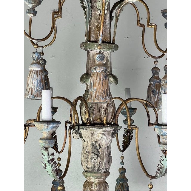 Wood Monumental Scale (14) Light Italian Wood Painted Chandelier W/ Tassels For Sale - Image 7 of 17