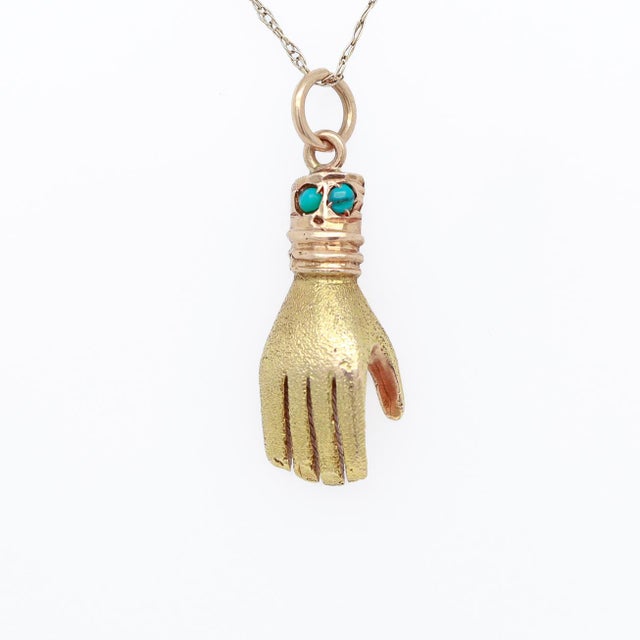 Late 20th Century Vintage 14k Gold & Turquoise Cabochon Figural Hand Charm For Sale - Image 5 of 12