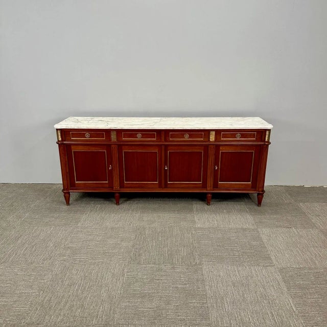 French Louis XVI Hollywood Regency Style Bronze Mounted Mahogany Sideboard / Credenza For Sale - Image 3 of 13