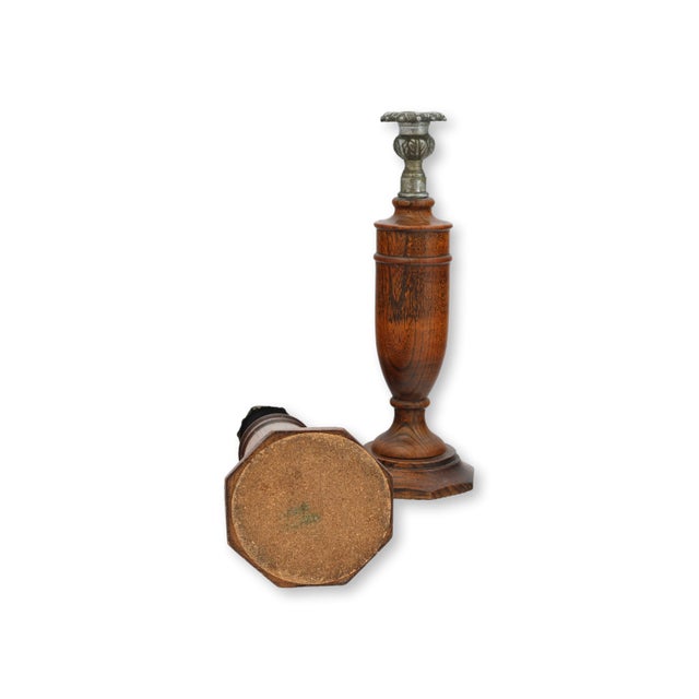 English English Oak Candlesticks With Ornate Cups, Pair For Sale - Image 3 of 5