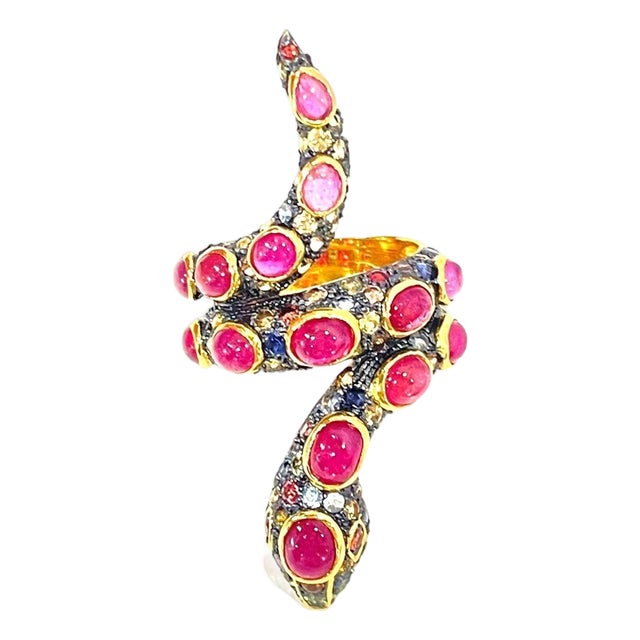 Bochic "Orient" Cleopatra Serpent Ruby Ring and Fancy Sapphires Set in 22K Gold For Sale