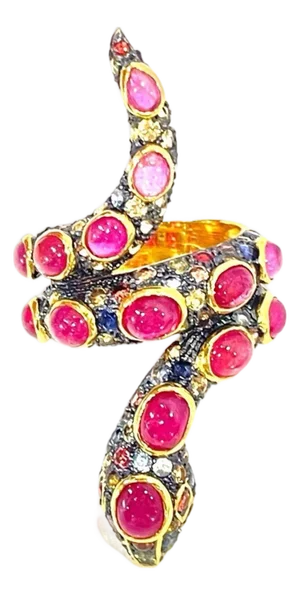 Bochic "Orient" Cleopatra Serpent Ruby Ring and Fancy Sapphires Set in 22K Gold