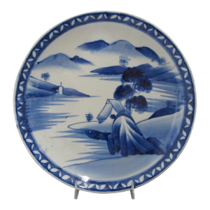 Japanese Blue & White Arita Porcelain Mountain Village Landscape 12 1/4" Plate