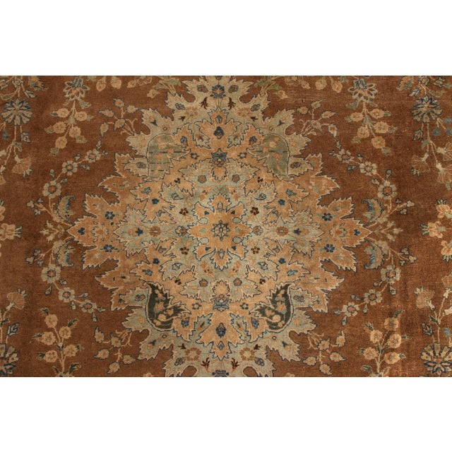 Rug & Kilim Hand-Knotted Antique Yazd Persian Rug in Beige-Brown and Blue Medallion Style For Sale - Image 4 of 5