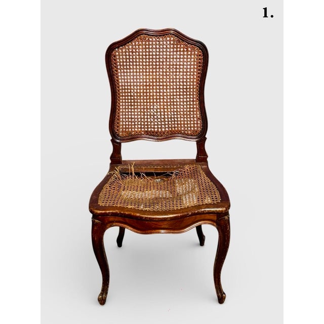 Set of 4 Mid 20th Century French Louis XV Style Walnut Caned Dining Chairs — Handwoven Cane Seats & Backs For Sale - Image 9 of 12