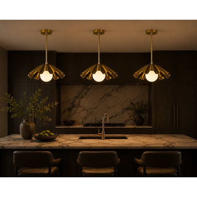 Not Yet Made - Made To Order Scalloped Brass Pendant Light, Handcrafted Solid Brass Scalloped Pendant With Opal Glass Globe For Sale - Image 5 of 12