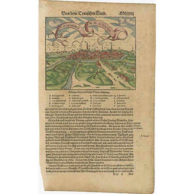 Groningen 1573 — Hand-Colored Woodcut City View from Münster’s Cosmographia : This rare and evocative 16th-century hand-...