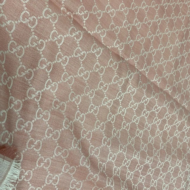 Textile A Vintage Gucci Pink Scarf in Wool and Silk With Gg Continuous Logo For Sale - Image 7 of 9