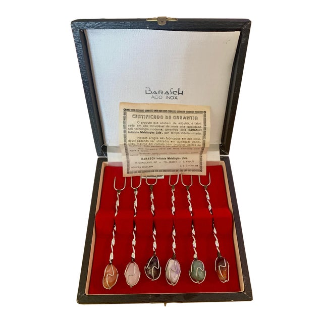 Vintage Barasch Aco Inox Semi Precious Stone Cocktail Forks- Set of 6 For Sale