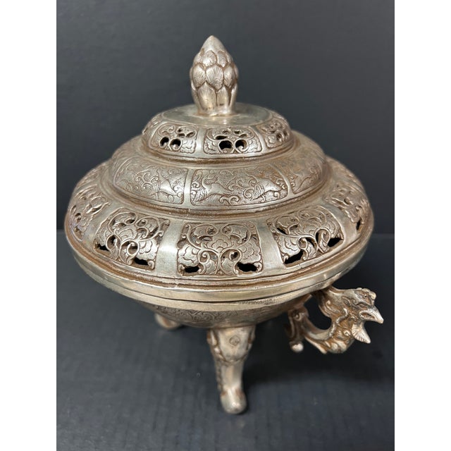 Metal Late 20th Century Chinese Art Silver Gilt Bronze Metal Incense Burner For Sale - Image 7 of 11