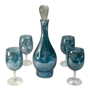 Vintage Light Blue Iridescent Grape Patterned Bohemian Glass Wine Set - 5 Pieces