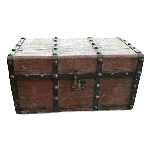 19th Century Wood and Iron-Bound Steamer Trunk - Rustic Coffee Table For Sale