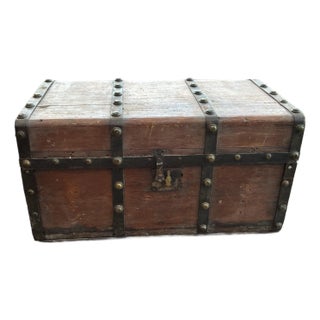 Antique Wood and Iron-Bound Travel Trunk - Rustic Storage For Sale