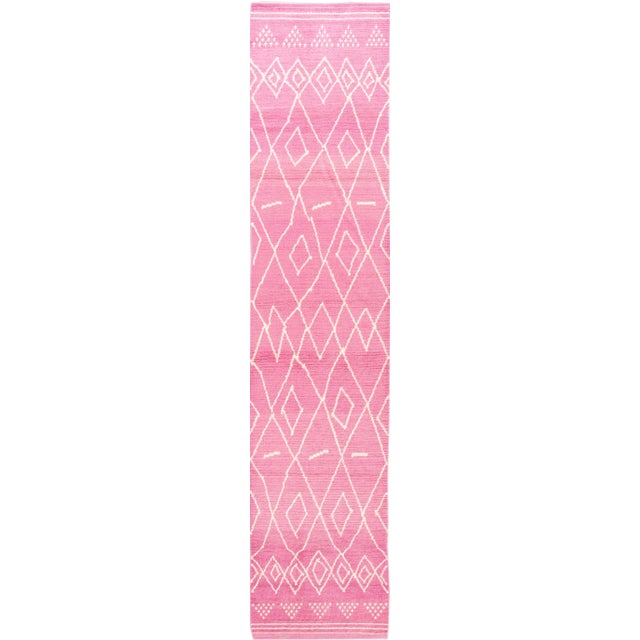 Contemporary Moroccan Style Handmade Pink Tribal Wool Runner For Sale - Image 11 of 11
