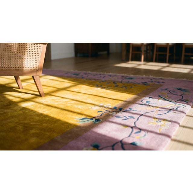 1920s Yellow Saffron Floral Minimalist Antique Chinese Art Deco Carpet 9' X 11' 6'' by Nichols Workshop Rug For Sale - Image 11 of 11