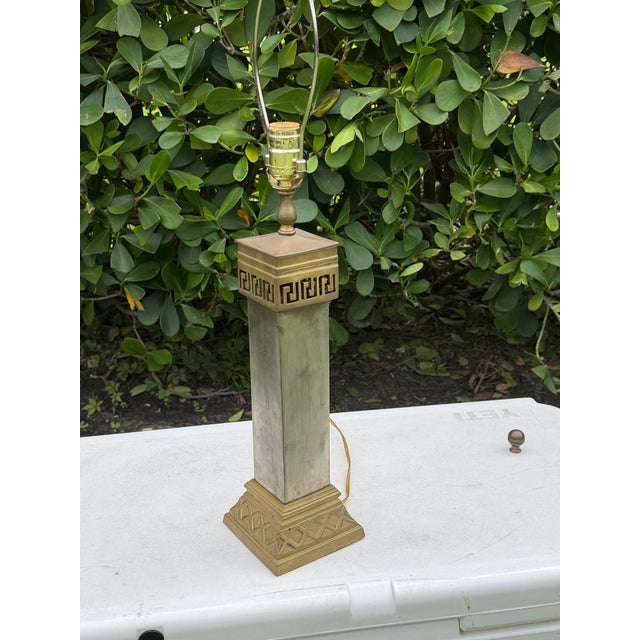 Vintage Greek Key Geometric Brass Table Lamp With Linen Shade For Sale In Naples, FL - Image 6 of 12