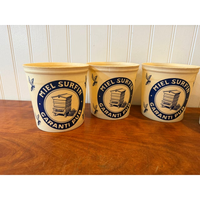 1970s French "Miel Surfin" Wax-Coated Honey Pots – Set of 4 – New Old Stock – Blue & Cream Beehive Containers For Sale - Image 13 of 13
