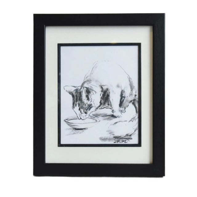 Abstract Cat Drinking Milk From Saucer Abstract Pastel Drawing Artwork Displayed in a Black Wood Frame Under Plexiglass For Sale - Image 3 of 8