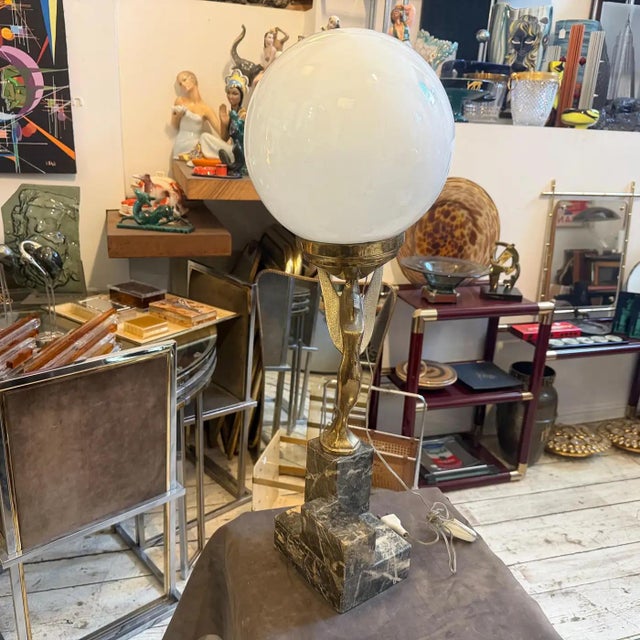 Gold 1930s Art Deco Black Marble, Gilded Metal and Milk Glass Italian Table Lamp For Sale - Image 8 of 18