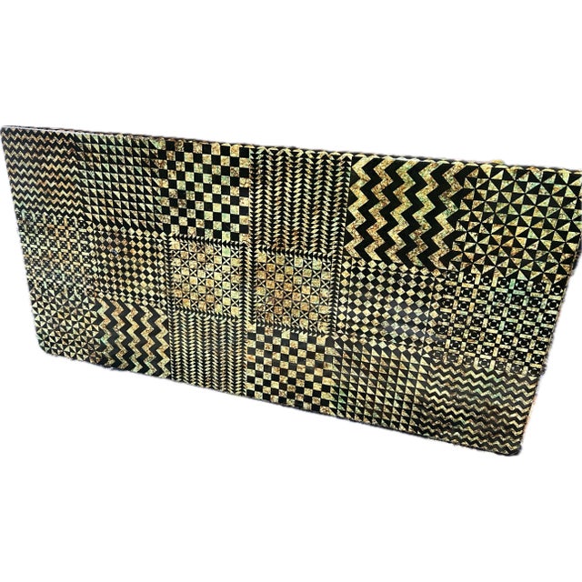 1960s Piero Fornasetti Coffee Table, Milano — Graphic Patchwork Triangles & Chevrons, Lithographic Transfer, Faux Bamboo Base, Original Label For Sale - Image 5 of 12
