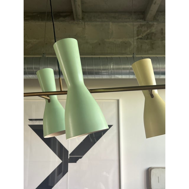 Light Green 1950s Rare Stilnovo Linear Chandelier in Brass With Green and Yellow Shades For Sale - Image 8 of 13