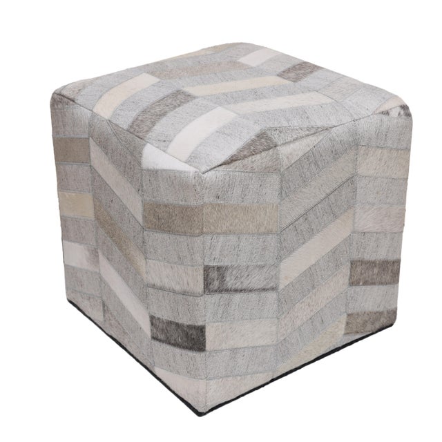 Ivory Handmade Patchwork Cowhide Leather Cube Ottoman Pouf 18x18x18 in Neutral For Sale - Image 8 of 9