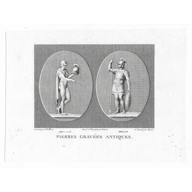 18th century antique engraving of two roman soldiers.