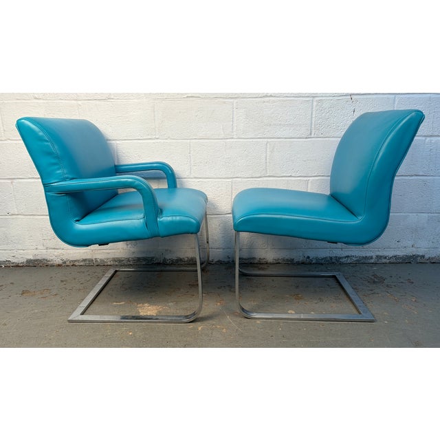 Vintage Blue Vinyl Flat Bar Chrome Dining Chairs - Set of 6 For Sale - Image 12 of 17