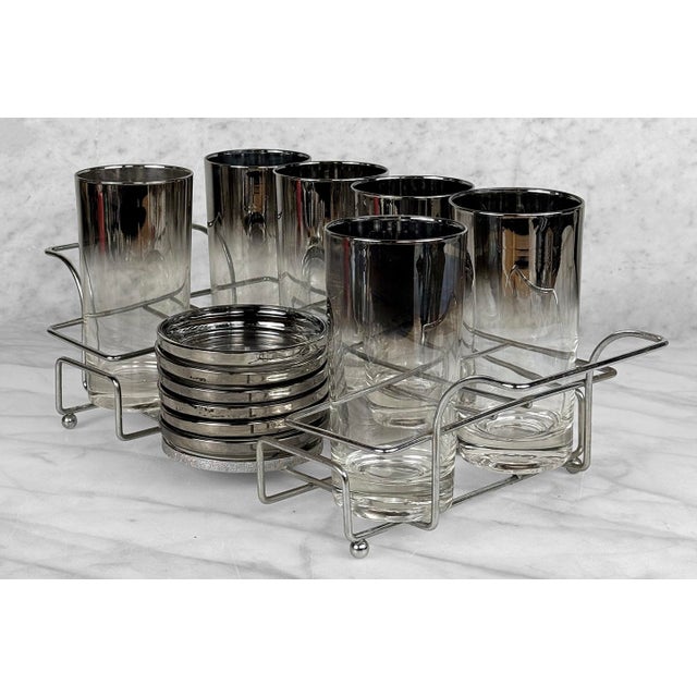1980s 1980s Mid-Century Chrome Silver Fade Tall Liquor Glass & Coaster Bar Serving Set - 13 pcs For Sale - Image 5 of 13