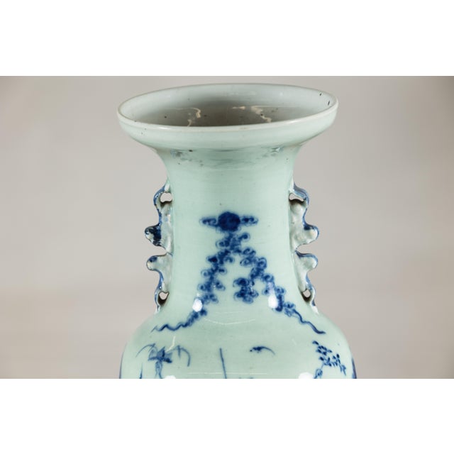 Antique Chinese Blue and White Vase with Figural Scene and Celadon-Toned Glaze For Sale - Image 11 of 18