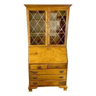Mid-Century English Rustic European Ethan Allen Maple Secretary Desk & Display Cabinet For Sale