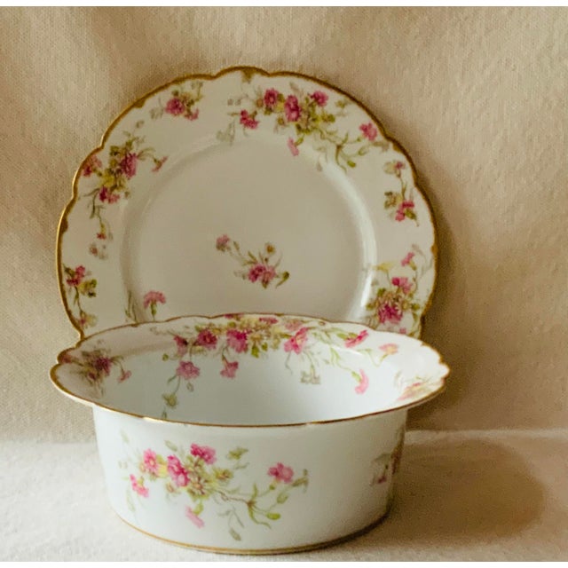 French Country 1910s French Limoges Porcelain Soufflé Dish With Underplate - Hand-Painted Pink Carnations, Bawo & Dotter For Sale - Image 3 of 18