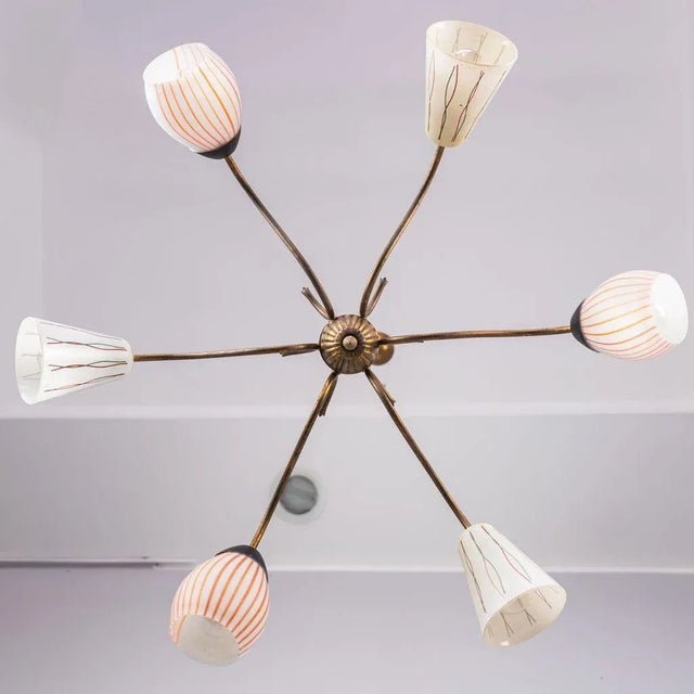 Brass & Glass 6-Light Pendant Lamp, 1950s For Sale - Image 3 of 9